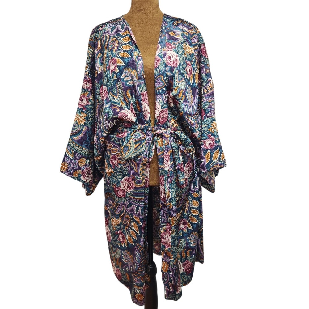 California Miss Vintage 90s Kimono Robe Paisley Floral Purple Teal Plus Size 3X